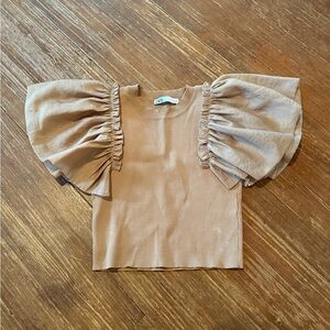 Zara Beige Tan Women’s Puff Sleeve Ribbed Shirt Size Medium